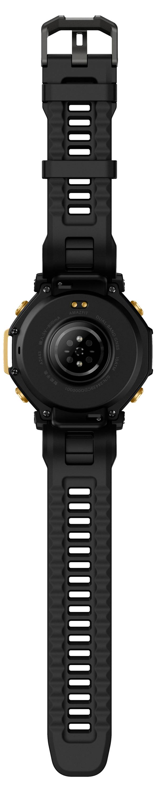 Eine schwarze und orangefarbene Smartwatch mit einem Gummiarmband ist aufrecht stehend zu sehen, wobei die Rückseite mit Sensoren und einer Dornschließe gezeigt wird.