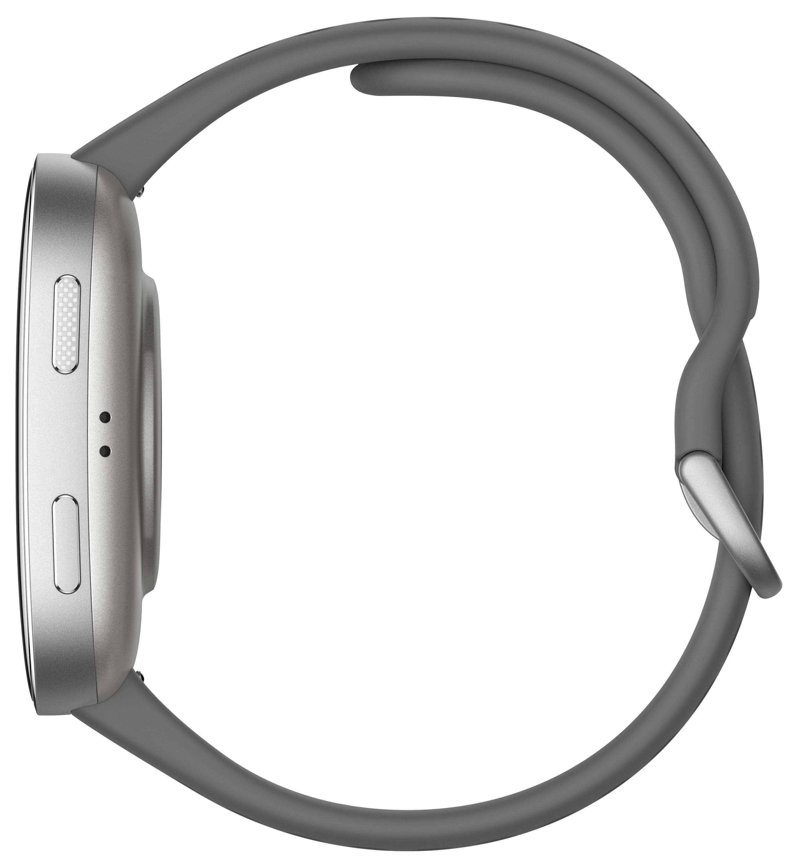 Eine schlanke Smartwatch mit rundem Display, silberfarbener Gehäuse und grauem Armband, von der Seite betrachtet.