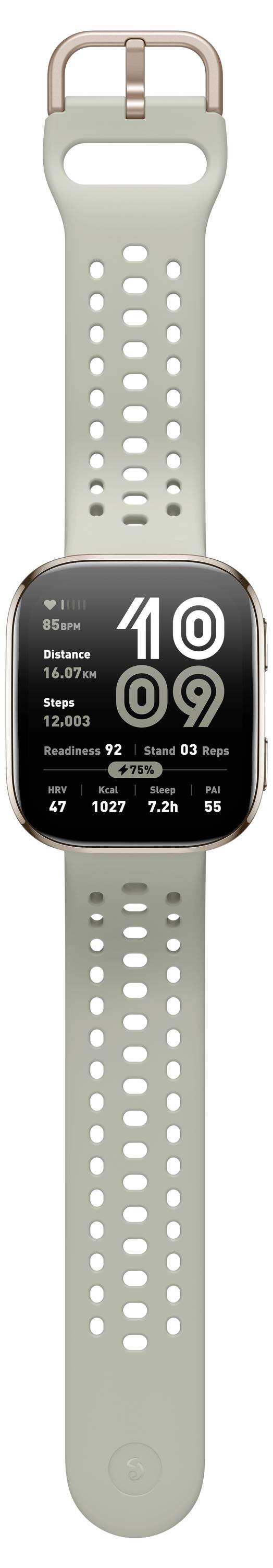 Eine smarte Fitnessuhr mit durchlöchtem, mintgrünem Armband zeigt Zeit, Datum und Fitnessdaten auf einem quadratischen schwarzen Bildschirm.