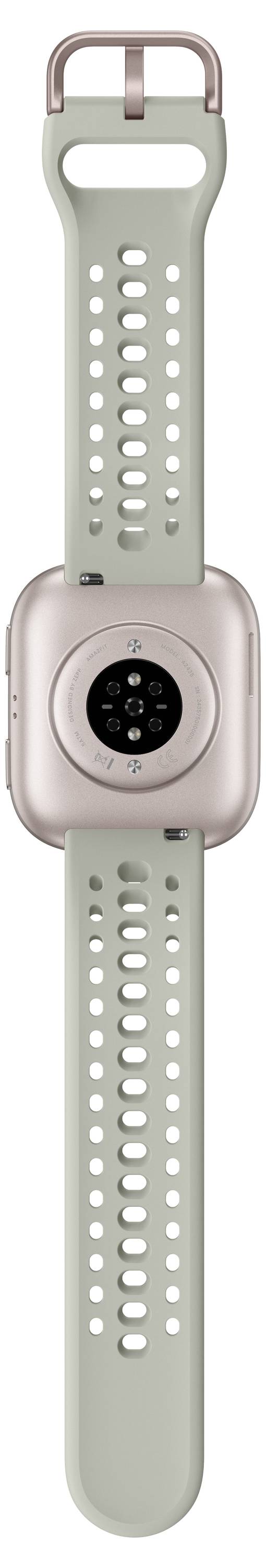 Eine Smartwatch mit einem hellgrünen perforierten Armband und einem roségoldenen Gehäuse wird von hinten gezeigt, wobei der Sensorbereich hervorgehoben wird.