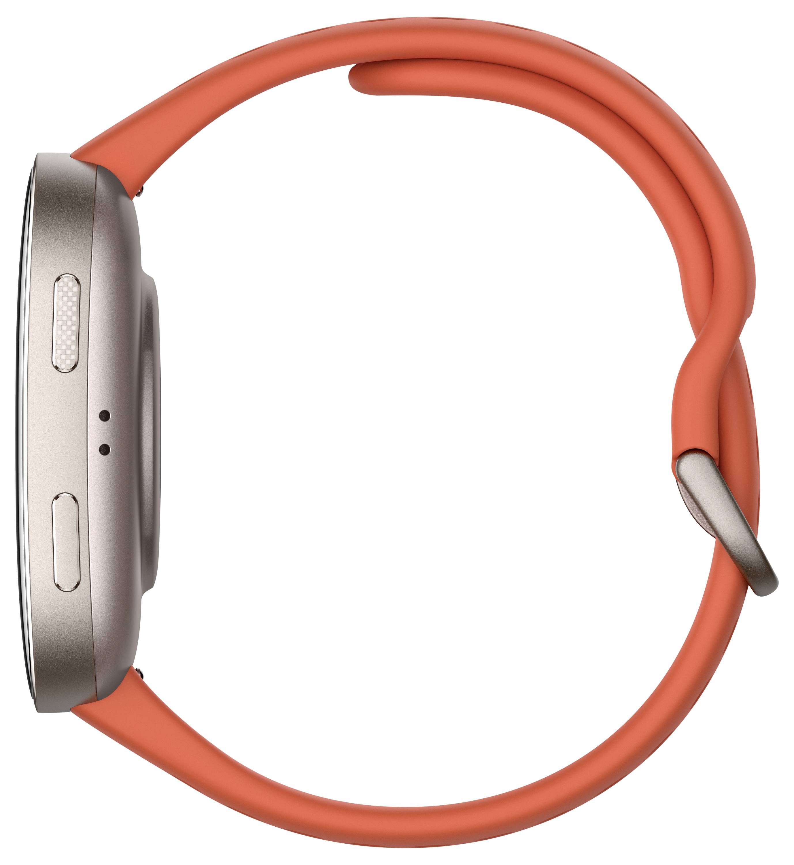 Seitenansicht einer Smartwatch mit einem grauen Gehäuse und einem hellorangefarbenen Armband, die zwei Tasten und eine Schnalle zeigt.