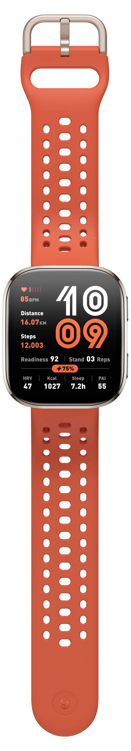 Eine Smartwatch mit einem leuchtend orangefarbenen, durchlöcherten Armband zeigt die Zeit '10:09'. Auf dem Bildschirm werden außerdem die Schritte des Tages, verbrannte Kalorien und zurückgelegte Distanz angezeigt.