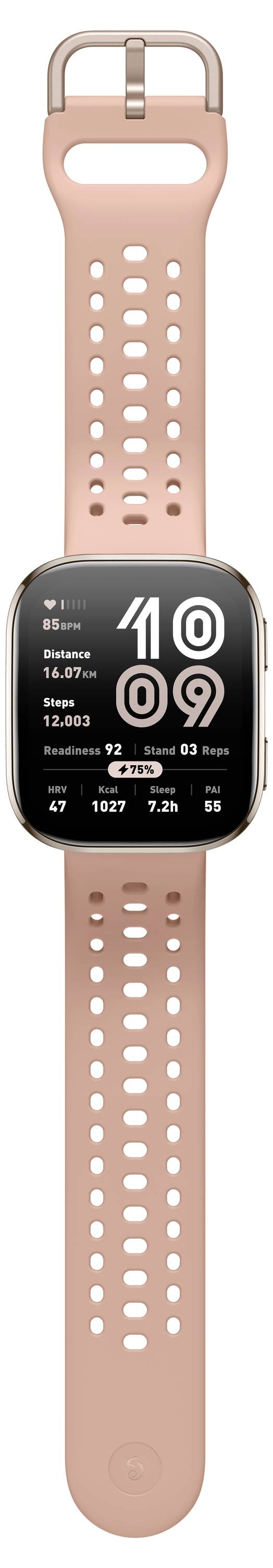 Eine Smartwatch mit einem rechteckigen Bildschirm und einem rosa Armband zeigt die Zeit '10:09', das Datum, die Herzfrequenz, Schritte und weitere Fitness-Metriken an.