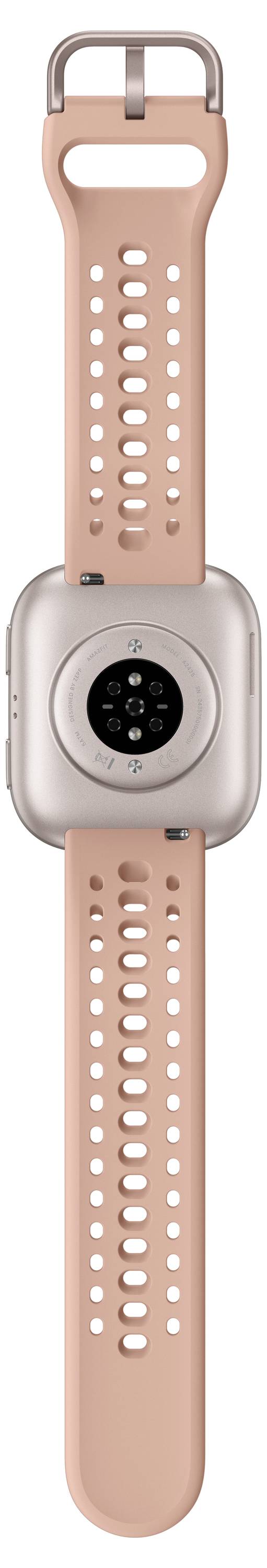 Eine Smartwatch mit einem rosa perforierten Armband, von hinten betrachtet, wobei der Sensor und die Schnalle zu sehen sind, auf einem weißen Hintergrund.