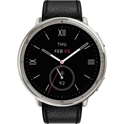Smartwatch mit analoger Zeitanzeige und weißen Zeigern, digitales Datum 'DO FEB 08' und Herzfrequenz von 92 BPM auf einem schwarzen Lederarmband.