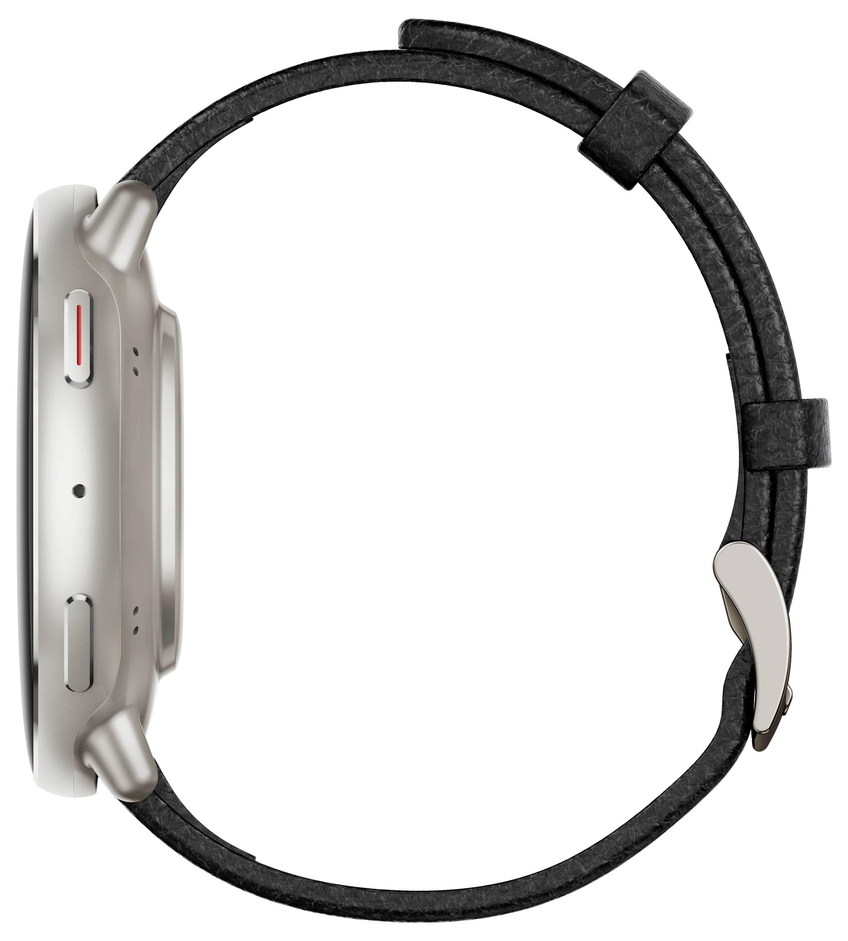 Eine Seitenansicht einer Smartwatch mit einem Lederarmband, die ihr schlankes Design und die Tasten zeigt. Der Armband ist schwarz und das Uhrengehäuse ist silbern.