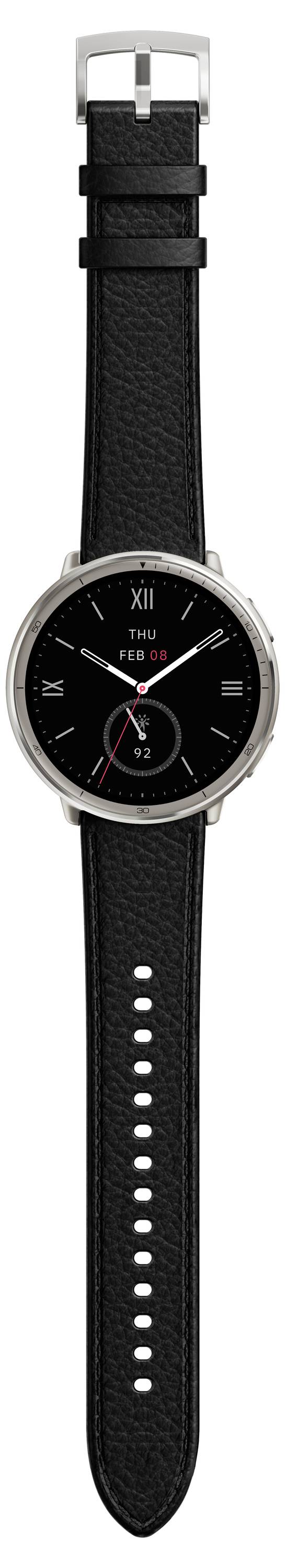 Eine elegante Herrenarmbanduhr mit einem schwarzen Lederarmband, silberfarbenem Gehäuse, schwarzem Zifferblatt und minimalistischen weißen und roten Zeigern.