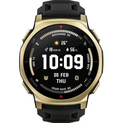 Goldschwarze digitale Smartwatch zeigt 10:09 Uhr, Do 08 Feb, mit Wetter 26°, Wind 18 km/h, Luftfeuchtigkeit 56%, Akku 92% und Herzfrequenz 89.