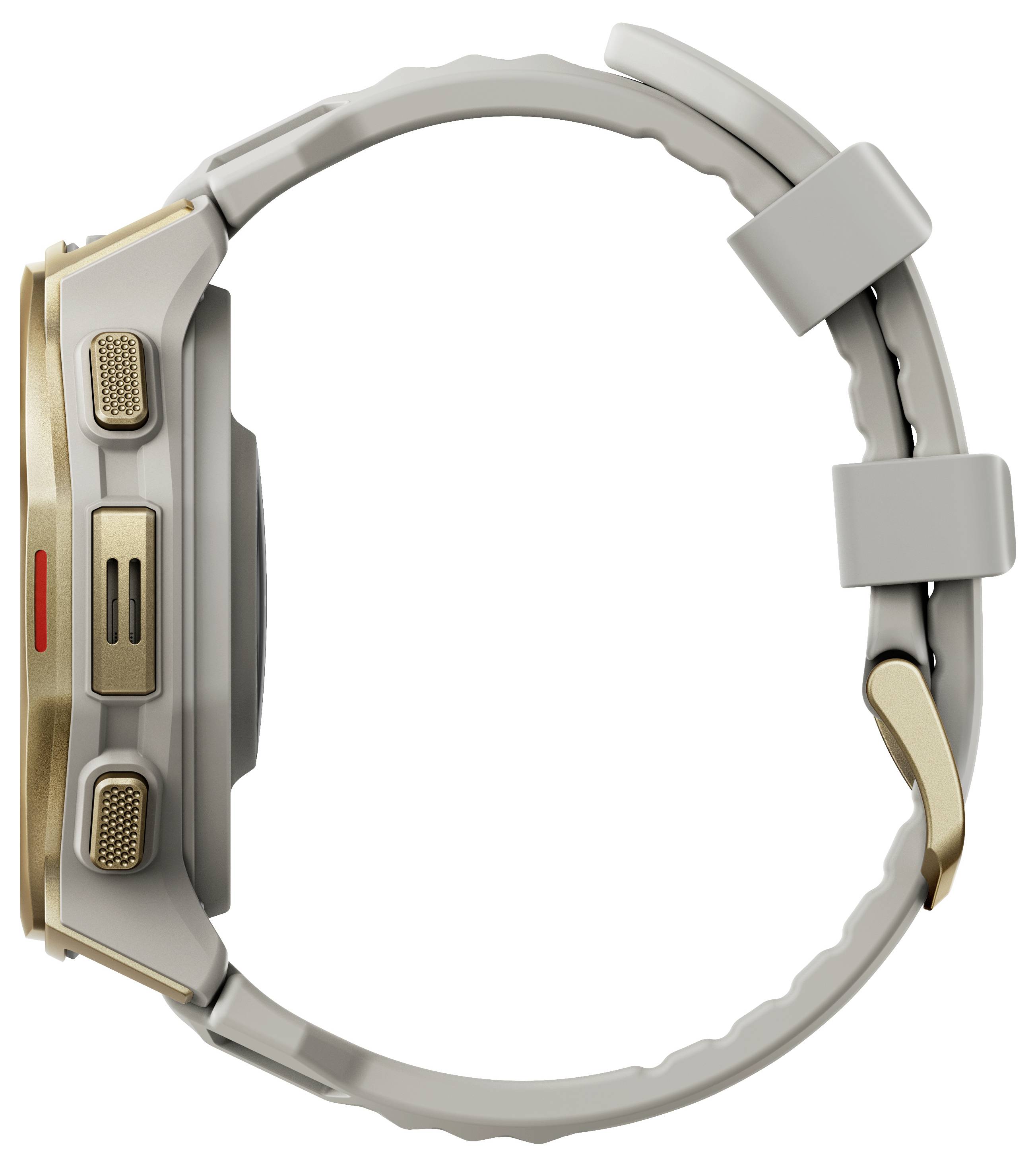 Eine Seitenansicht einer intelligenten Armbanduhr mit einem beigen Armband, goldfarbenen Tasten und einem runden, beigen Gehäuse mit einem roten Akzent.