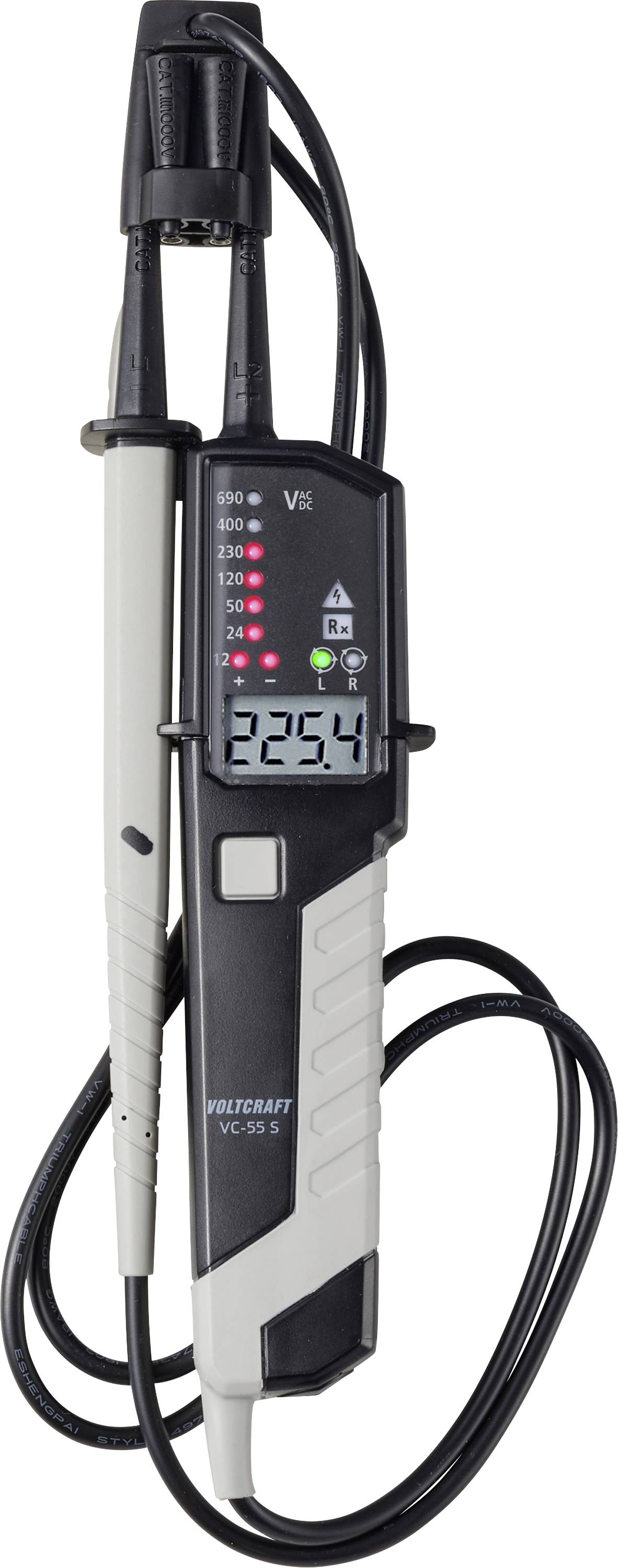 Tragbarer Spannungsprüfer/Messfühler mit digitaler Anzeige zeigt 225,4 an und LED-Anzeigelampen an der Vorderseite.