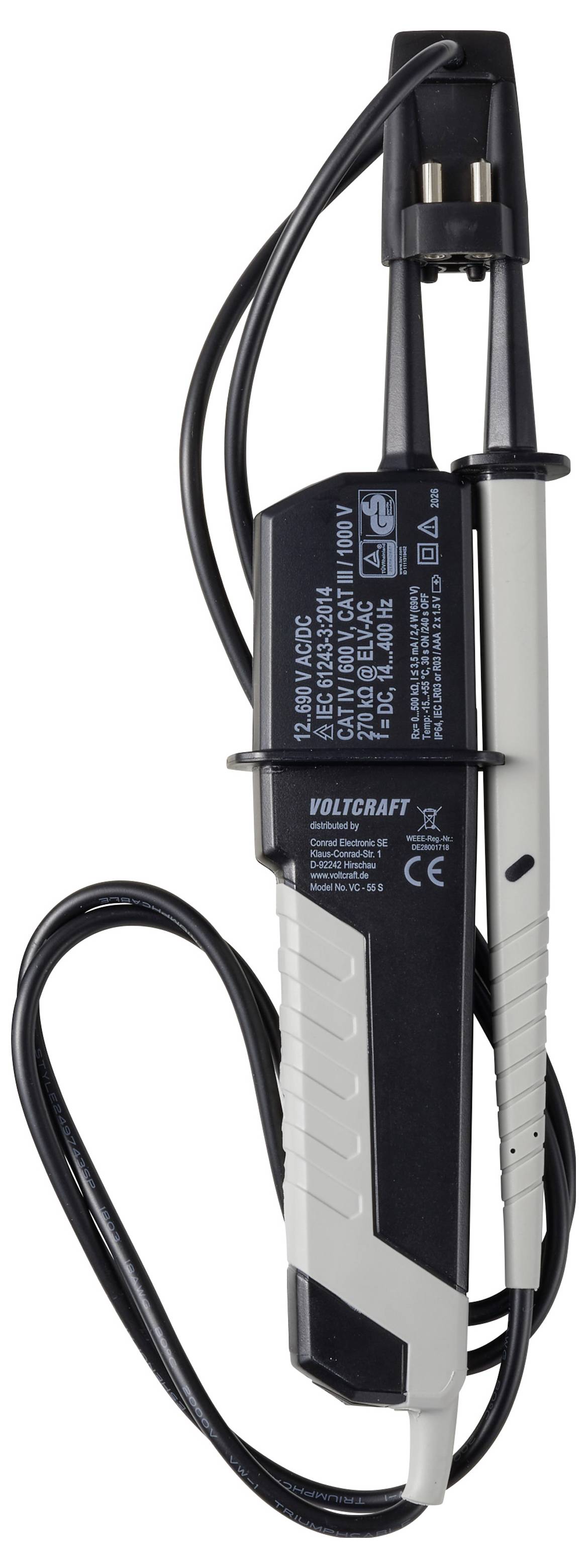 Tragbare Spannungsprüfsonde mit schwarzem und grauem Gehäuse und angeschlossenem Kabel, gekennzeichnet mit Voltcraft, zur Messung elektrischer Spannung.