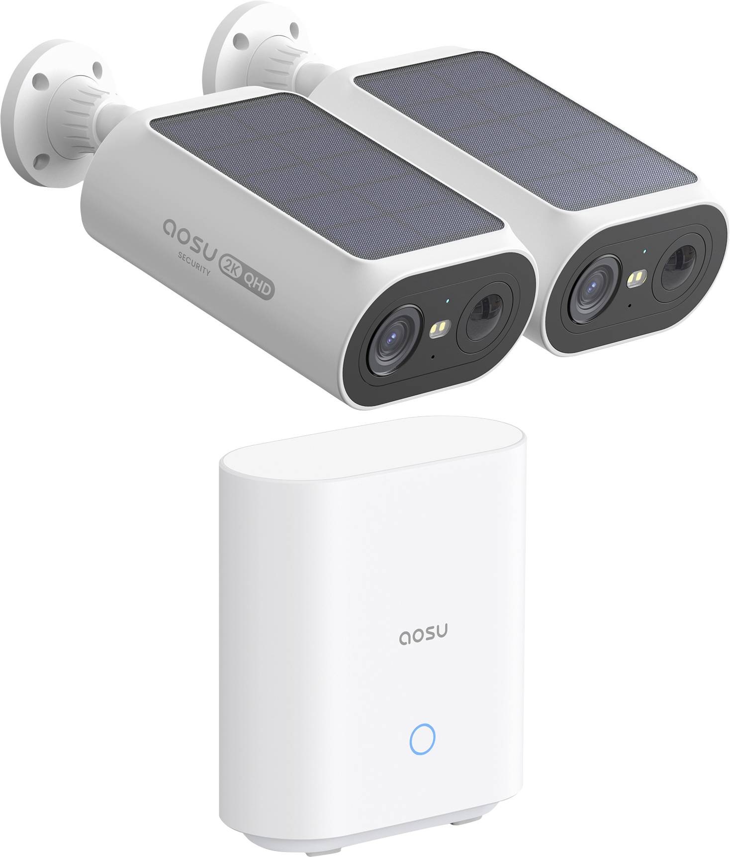 Zwei solarbetriebene Sicherheitskameras und ein separates Hub-Gerät. Die Kameras sind mit 'aosu 2K QHD' gekennzeichnet und für den Außeneinsatz konzipiert.