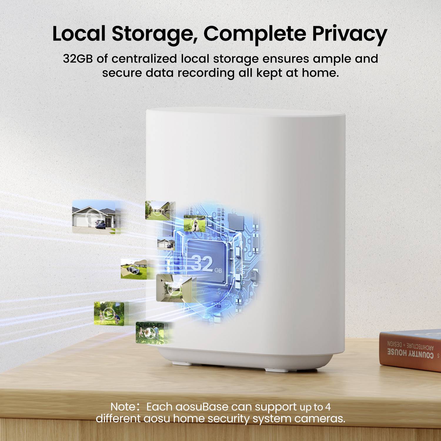 Ein weißes Gerät, das als lokale Speichereinheit bezeichnet wird, bietet 32 GB zentralisierten Datenspeicher für Heimsicherheitskameras und gewährleistet damit die Privatsphäre.