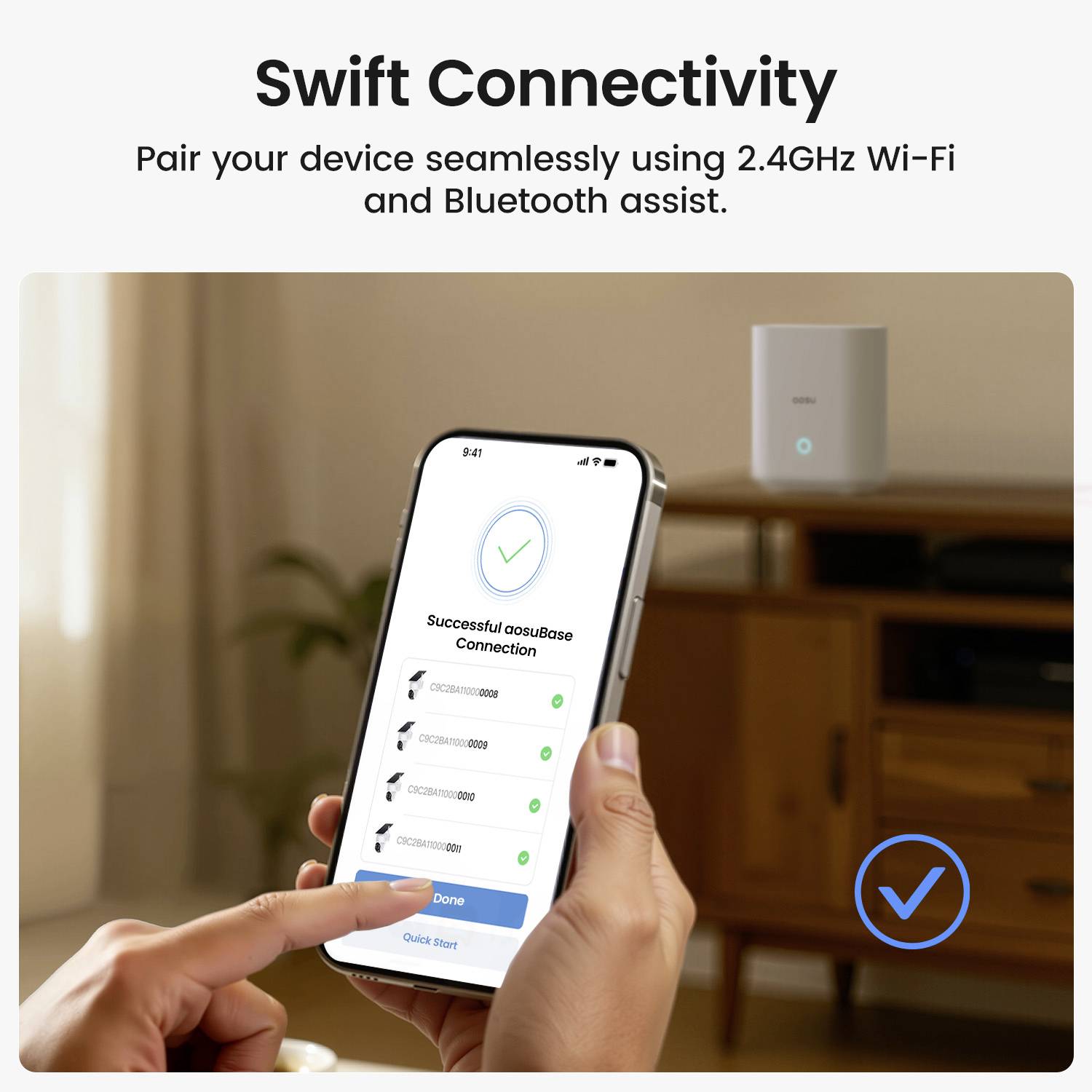 Eine Hand hält ein Smartphone, auf dem die Meldung "Erfolgreiche eeroBase-Verbindung" angezeigt wird. Ein WLAN-Gerät steht im Hintergrund auf einem Regal.