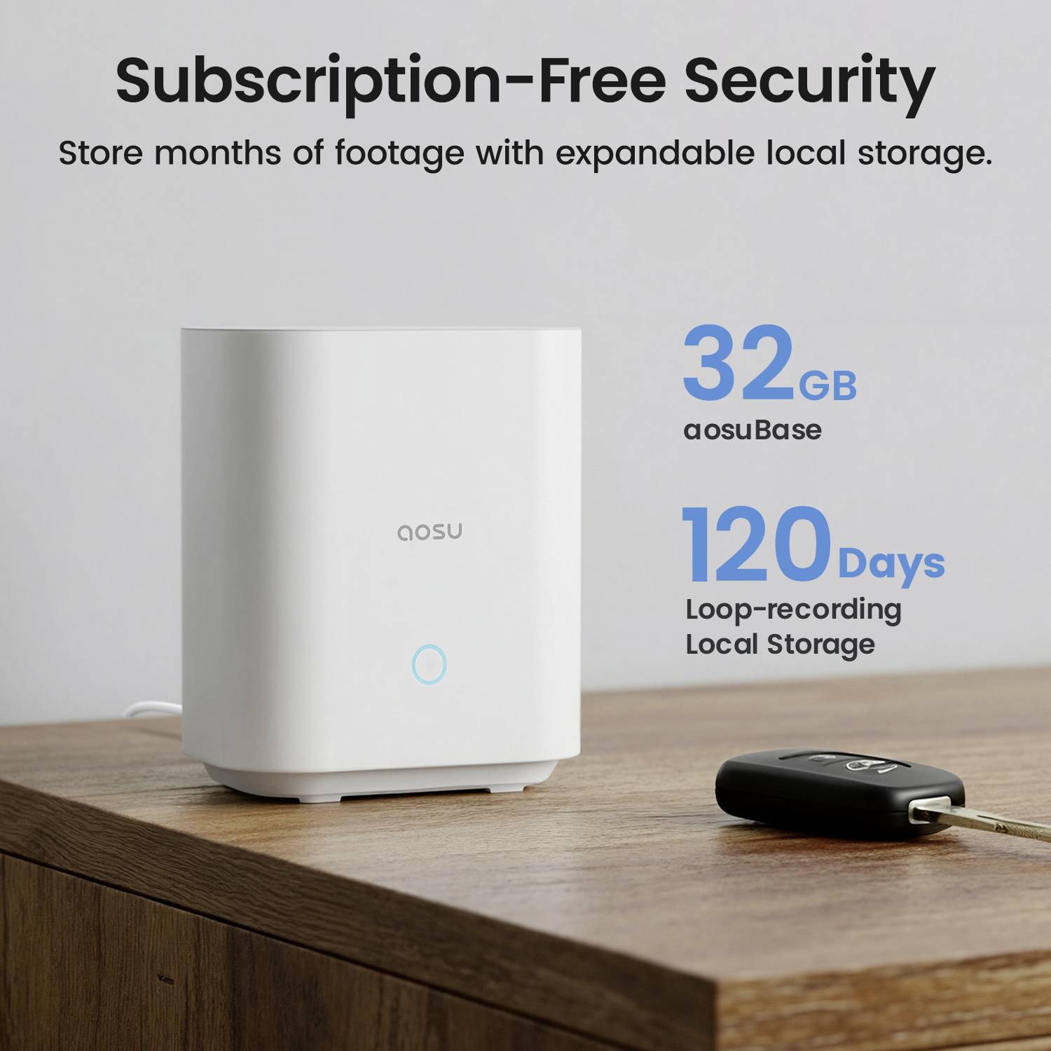 "Abonnementfreies Sicherheitssystem" von aosu mit 32 GB Speicher und 120-Tage-Lokalaufzeichnung, auf einer Holzoberfläche mit einem Schlüssel daneben.