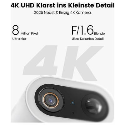 '4K UHD Klarheit bis ins Kleinste Detail' über der Kameraobjektivlinse, mit Hervorhebung von '8 Millionen Pixel Ultra Klar' und 'F/1.6 Blende Ultra Scharfes Detail'.