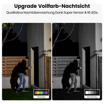 Das Bild vergleicht zwei Nachtsichtmodi: Der ‚Farbmodus' zeigt einen Mann nachts in Farbe, der ‚Infrarotmodus' zeigt ihn in Schwarz-Weiß.