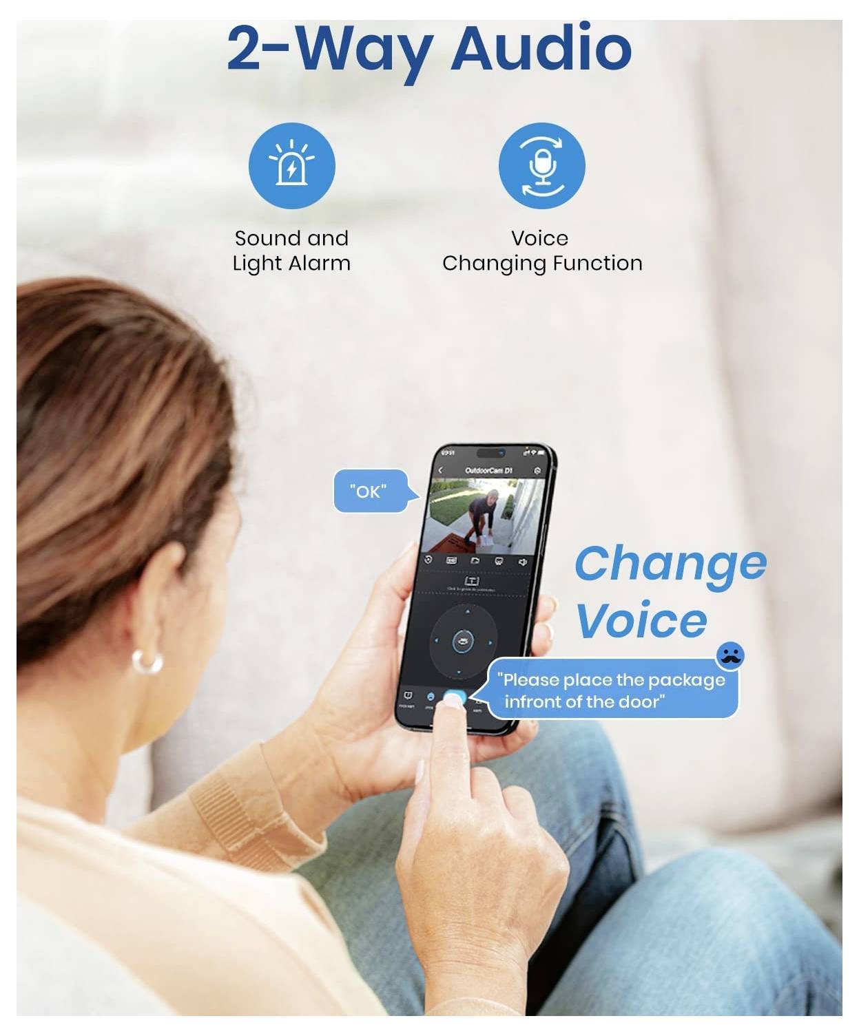 Eine Person nutzt eine Smartphone-App mit der "2-Wege-Audio"-Funktion, um die Stimme zu verändern, mit Icons für Ton-/Lichtalarm und Stimmveränderung.