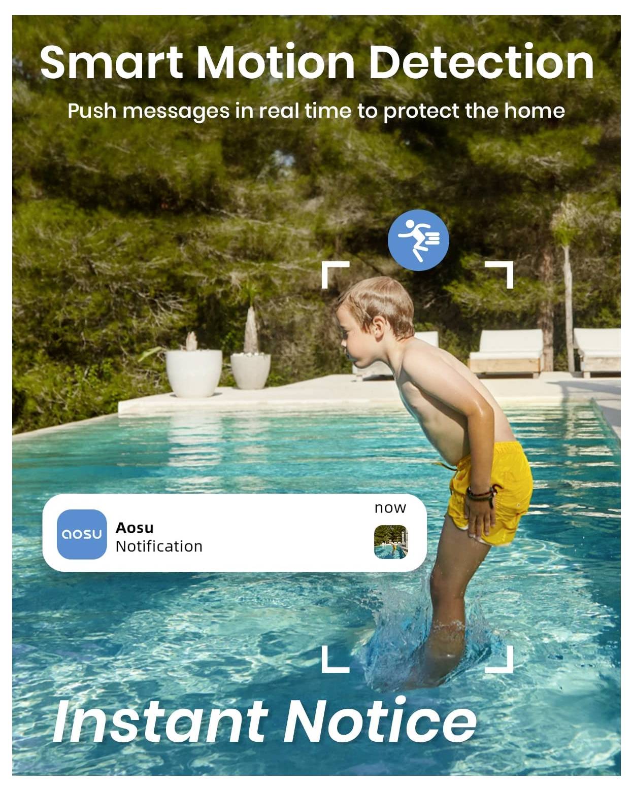 Ein Junge in gelben Shorts springt in einen Pool, mit Überlagerungstext, der "Intelligente Bewegungserkennung" und "Sofortige Benachrichtigung" für den Heimschutz bewirbt.