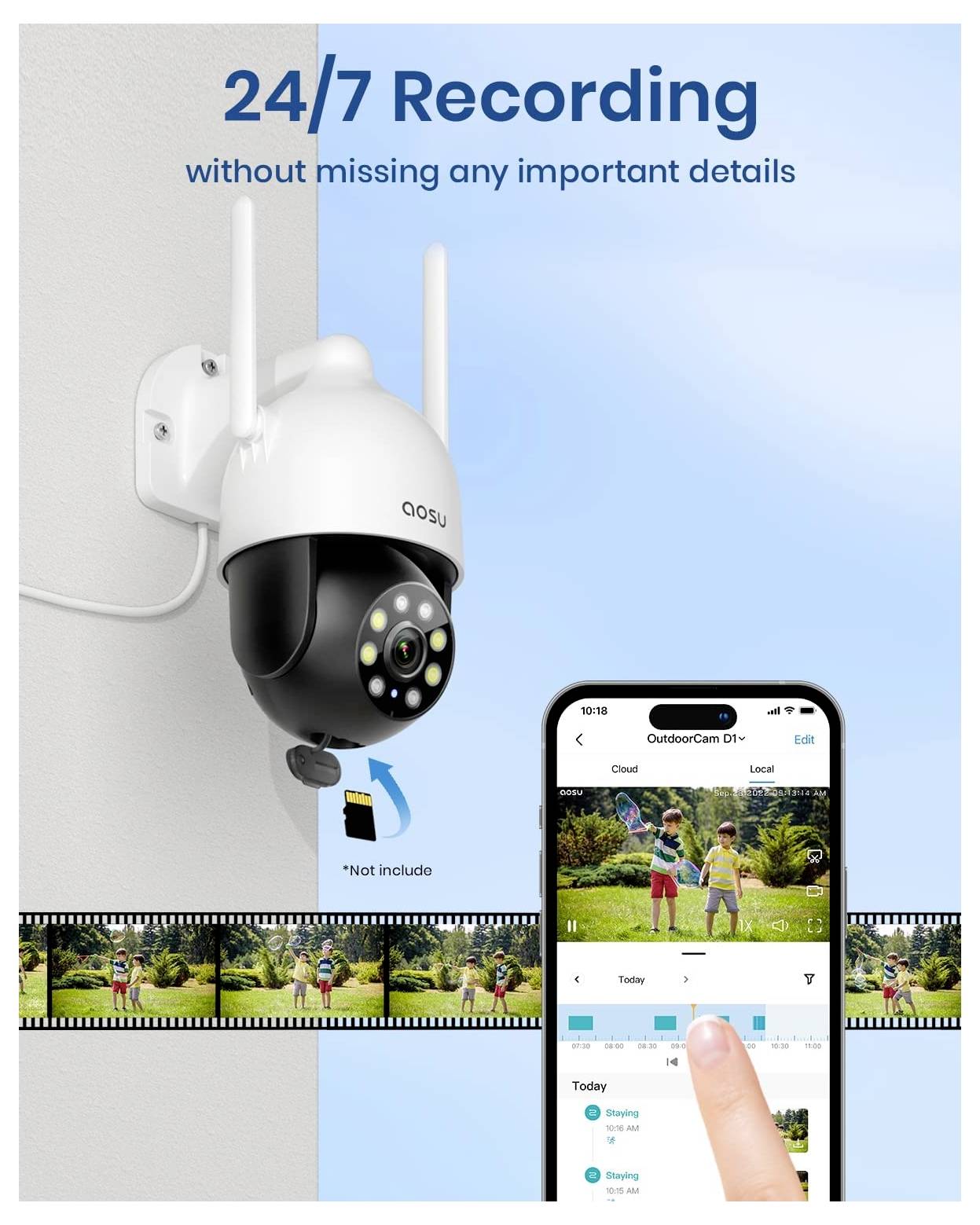 Eine Sicherheitskamera ist an einer Wand installiert mit dem Text „24/7 Aufzeichnung". Ein Smartphone zeigt eine Video-Zeitleiste.