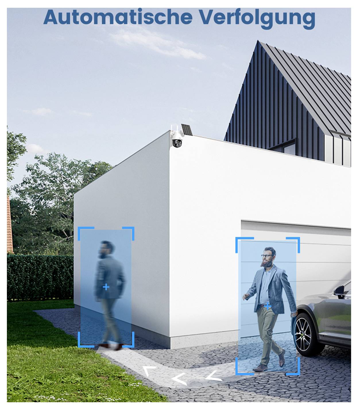Eine Sicherheitskamera verfolgt automatisch eine Person, die an einem modernen Haus mit Garage vorbeigeht und markiert die Bewegung mit blauen Kästen.