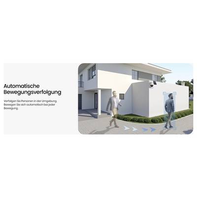Eine Person, die außerhalb eines modernen Gebäudes geht, mit Pfeilen und einem blauen Fokuskasten, der eine Bewegungsverfolgung anzeigt. Text lautet: 'Automatische Bewegungsverfolgung'.