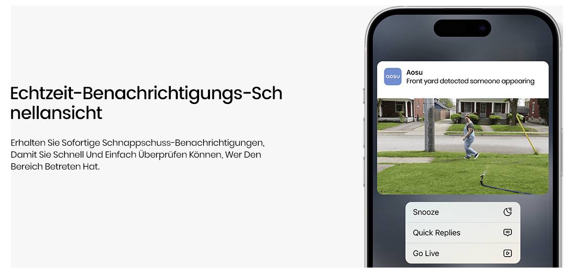 Ein Smartphone zeigt eine Benachrichtigung "Vorgarten: Bewegung erkannt" neben Text über Echtzeit-Warnfunktionen.
