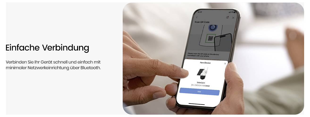Person richtet eine Bluetooth-Verbindung auf einem Smartphone ein. Der Bildschirm zeigt "Neues Gerät" mit einem Fortschrittskreis. Text lautet "Einfache Verbindung".