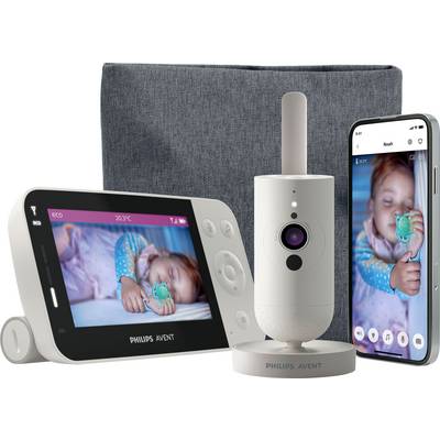 Babyüberwachungssystem mit einem Video eines schlafenden Kindes, das einen Schnuller hält, das auf einem digitalen Bildschirm und einem Smartphone angezeigt wird.