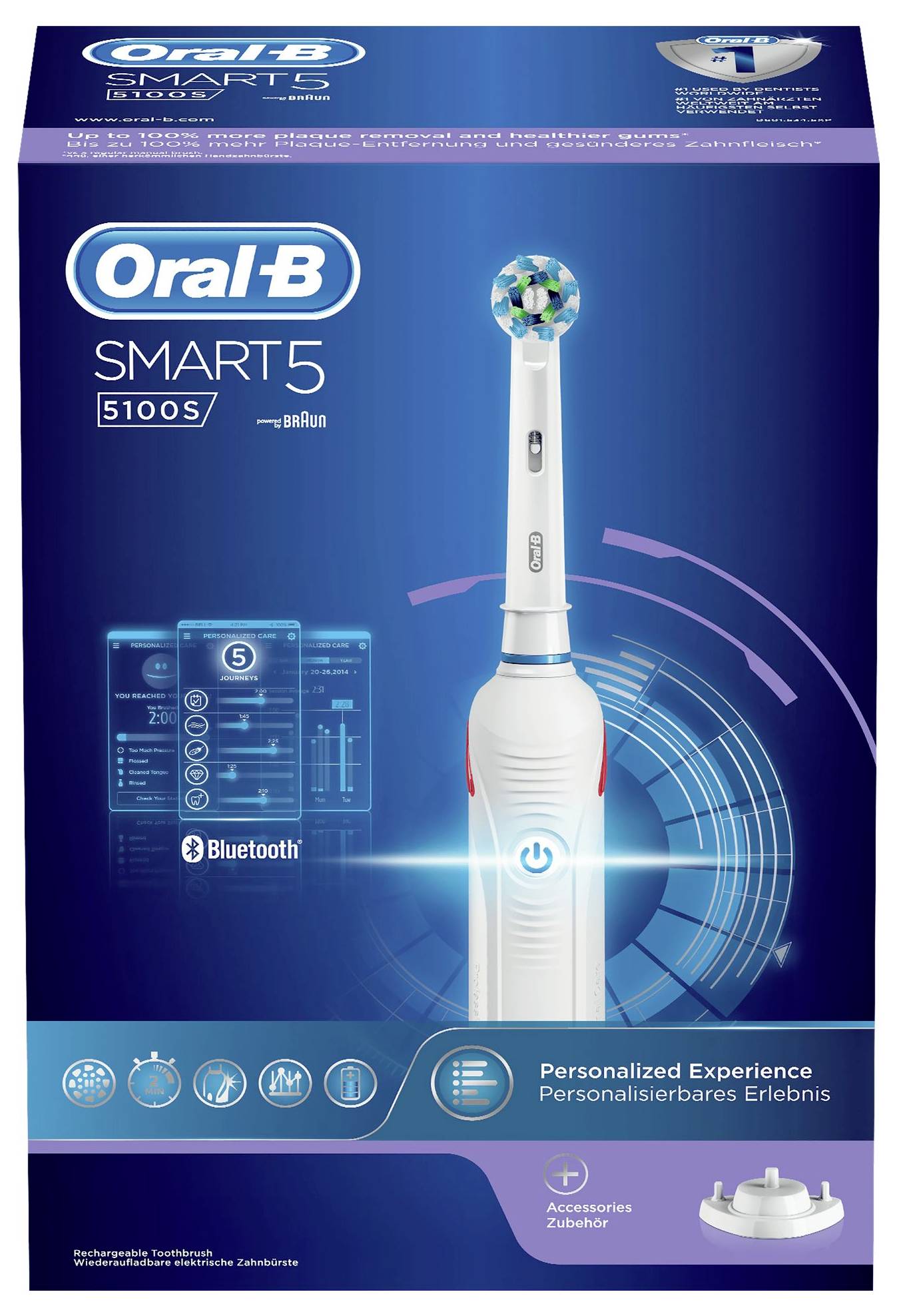 Oral-B Smart 5 5100S Zahnbürste mit Bluetooth-Konnektivität und personalisierter Erfahrung. Zubehör am unteren Rand abgebildet.