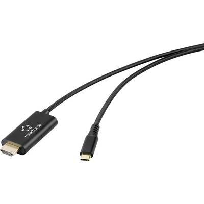 Ein schwarzes HDMI-auf-USB-C-Kabel mit "renkforce"-Branding verbindet kompatible Geräte zur Video- und Audioübertragung.