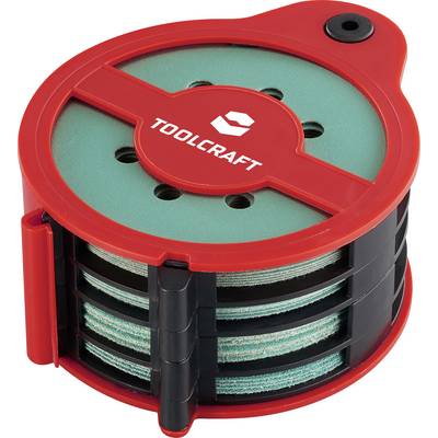 Ein rotes kreisförmiges Etui mit dem Wort „TOOLCRAFT" und einem Logo, das gestapelte grüne Schleifscheiben enthält und für einfache Lagerung und Zugriff konzipiert ist.