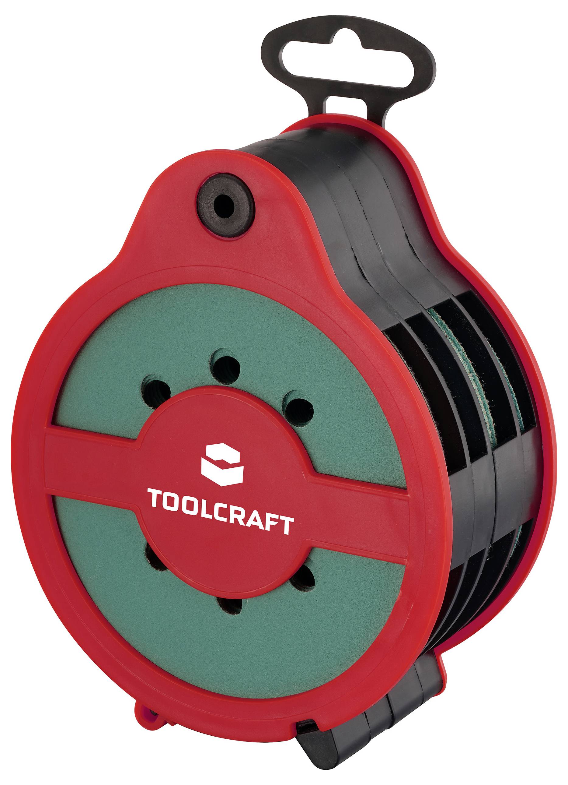 Rot-grüner Schleiftellerspeicher von Toolcraft mit Griff, speziell für die übersichtliche Organisation und Lagerung von Schleiftellern konzipiert.