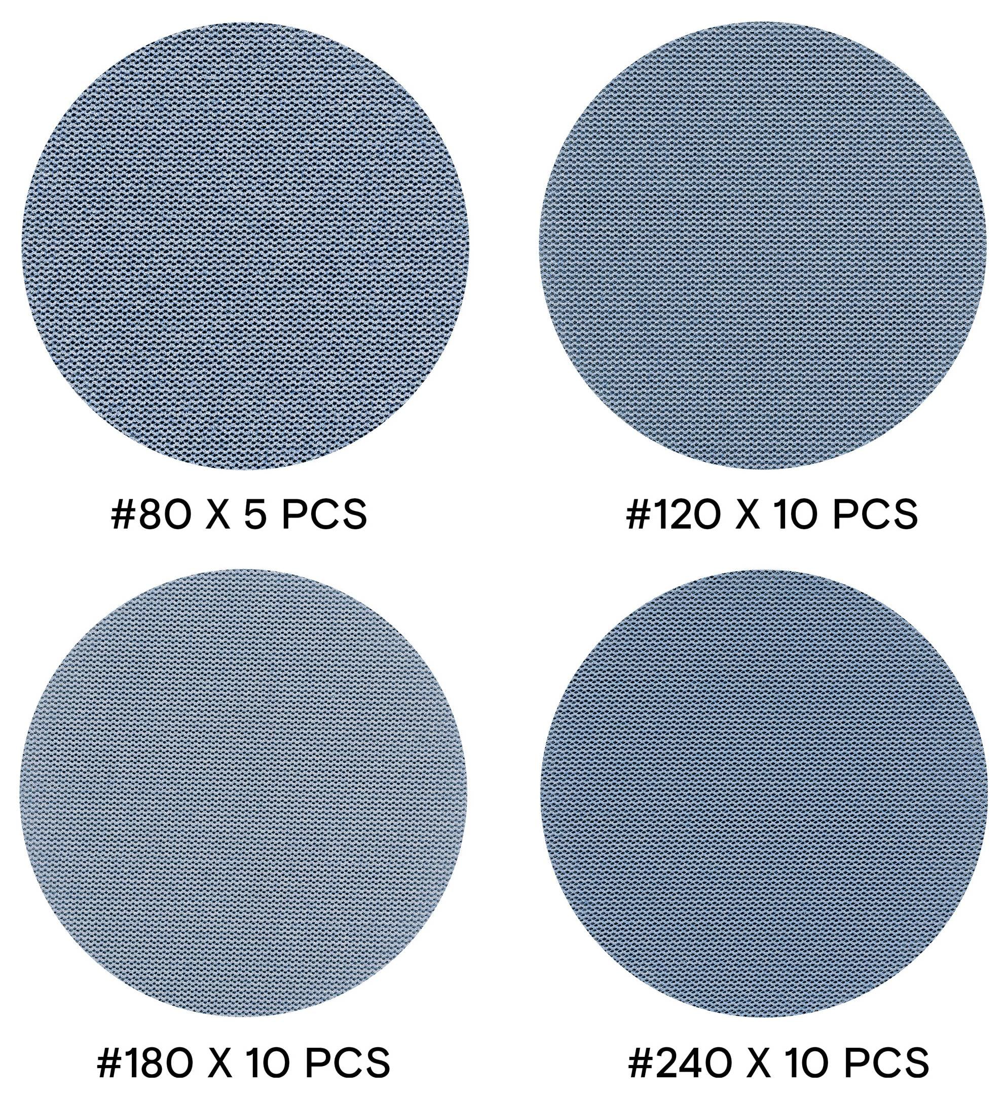 Vier blaue Schleifteller mit Körnergrößen und Mengen: '#80 X 5 STK', '#120 X 10 STK', '#180 X 10 STK', '#240 X 10 STK'.