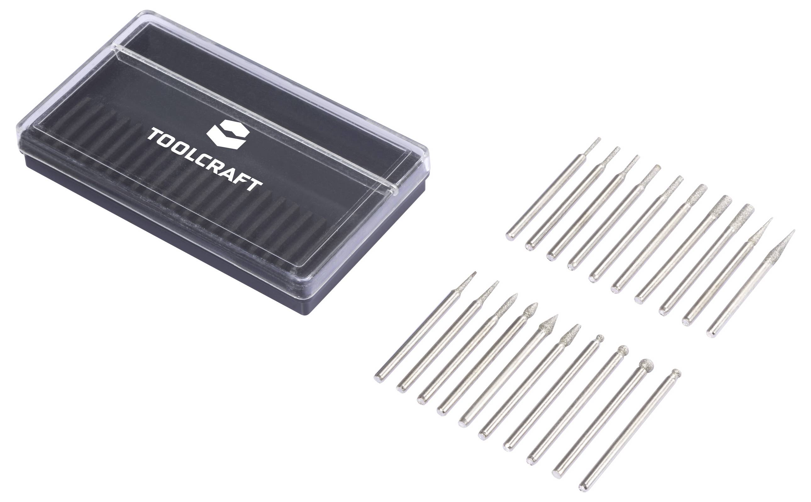 Ein Satz von 21 Präzisions-Bohrern verschiedener Größen, die neben einem rechteckigen Kunststoffkoffer mit der Aufschrift „Toolcraft" angeordnet sind.