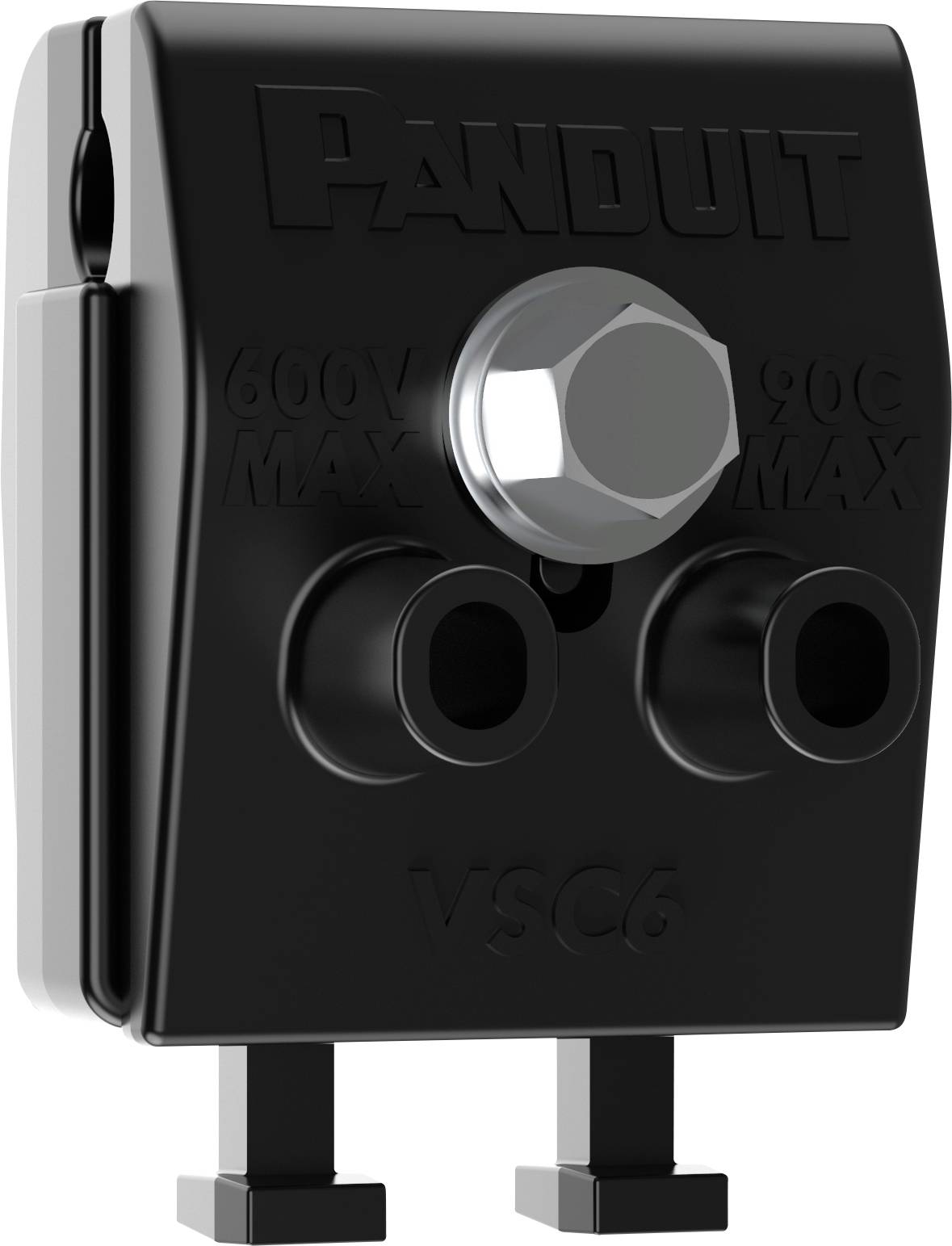 Ein schwarzer Panduit-Anschluss mit der Beschriftung '600V MAX' und '90C MAX', der zwei Öffnungen und einen zentralen Sechskantbolzen aufweist. Wird in elektrischen Anwendungen eingesetzt.