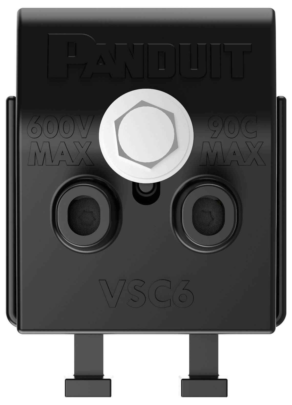Ein schwarzer elektrischer Terminalblock mit der Beschriftung 'PANDUIT VSC6' und den Bewertungen '600V MAX' und '90C MAX' auf der Vorderseite.