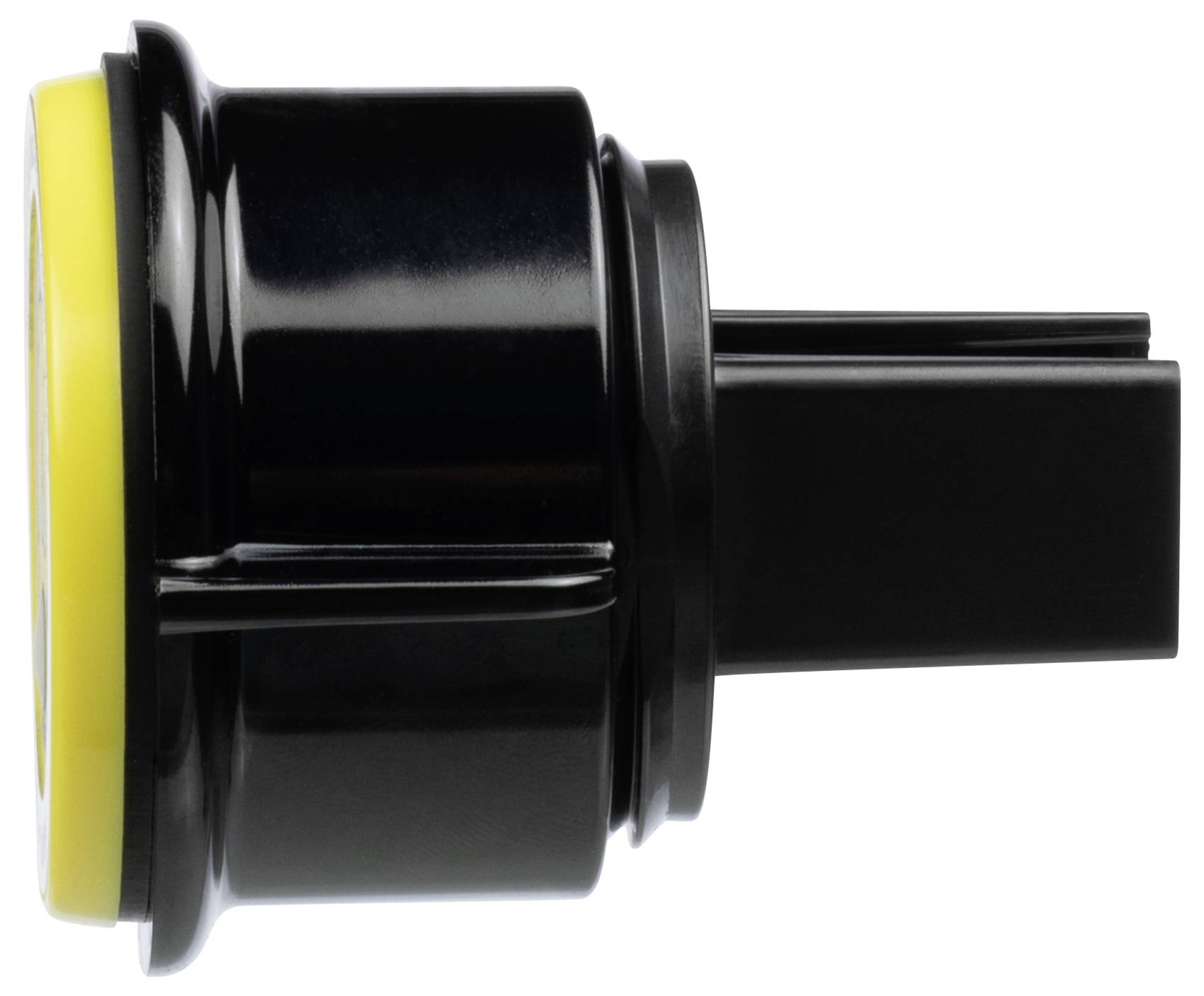 Ein schwarzer und gelber Ölfilterkopf, von der Seite betrachtet.