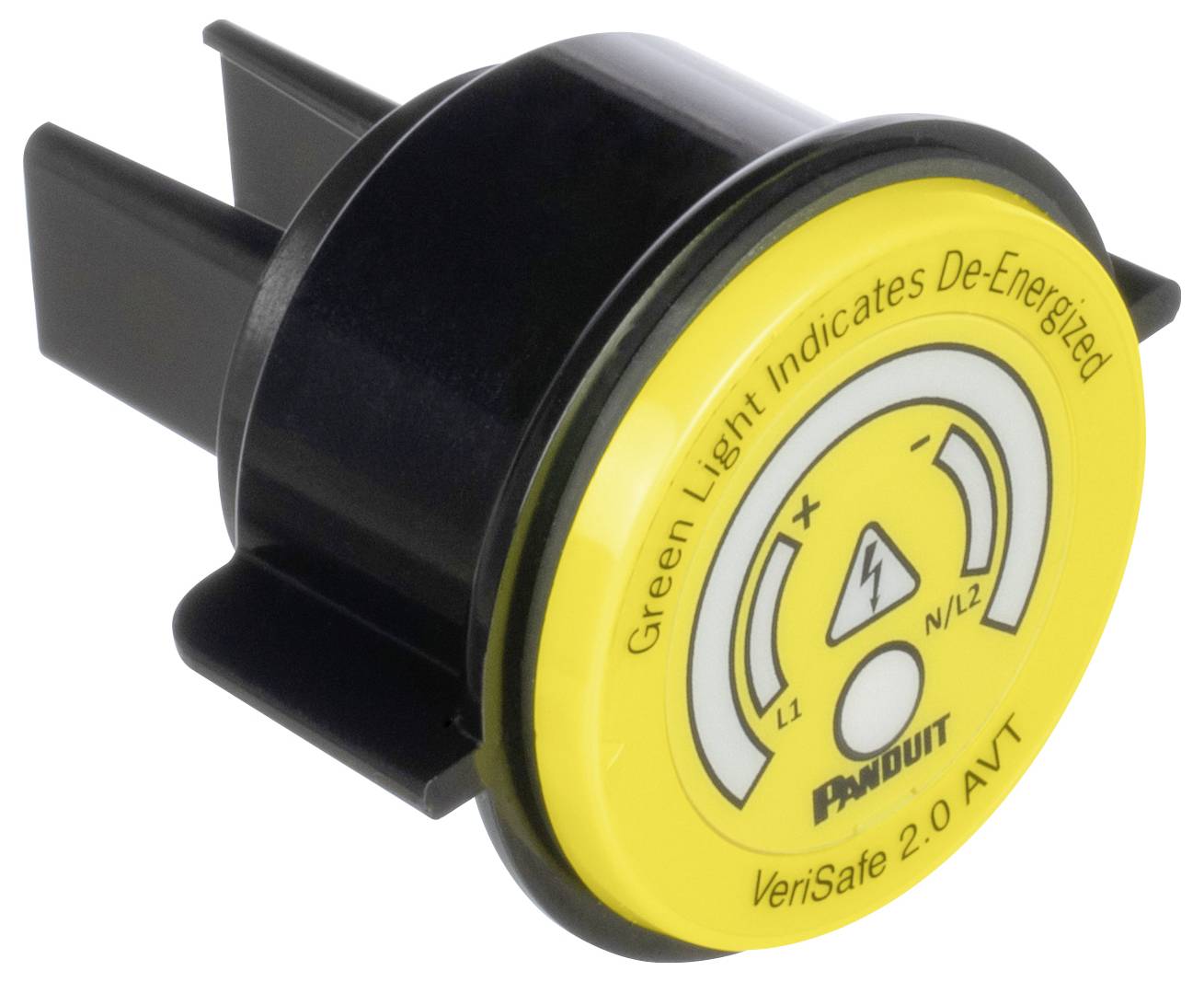 Eine runde elektrische Sicherheitsvorrichtung mit einem gelben Etikett, das den Text "Grünes Licht zeigt spannungslos an" und elektrische Symbole trägt.