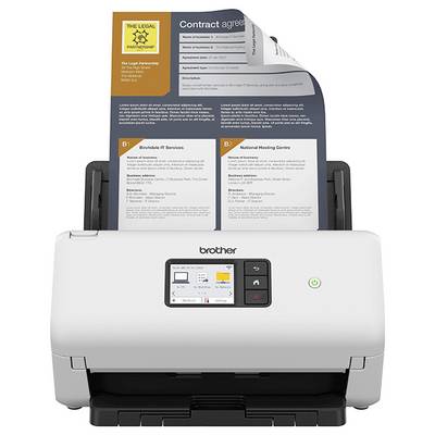 Ein weißer Brother-Dokumentenscanner mit einem Touchscreen-Panel scannt ein Vertragsdokument.