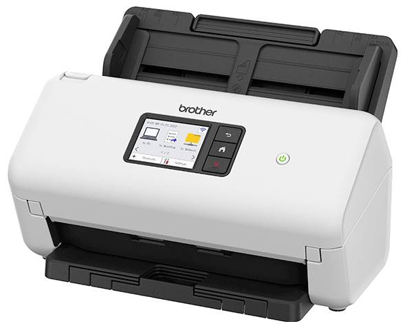 Ein weißer und schwarzer Desktop-Dokumentenscanner mit digitalem Display und mehreren Bedienungsknöpfen, entwickelt für effiziente Papierdigitalisierung.