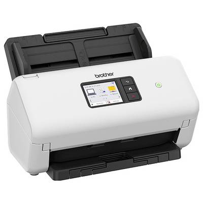 Scanner von Brother in Weiß für den Desktop mit digitaler Anzeige und Bedienungstasten, entwickelt zum Scannen von Dokumenten.