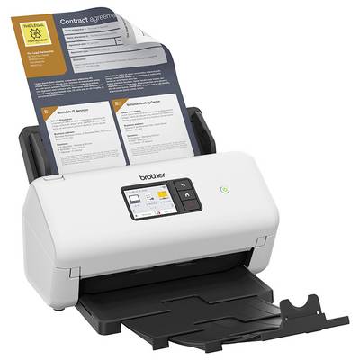 Ein Dokumentenscanner mit einem teilweise gescannten Vertragsformular, bei dem der Text klar erkennbar ist. Der Scanner ist weiß und verfügt über eine digitale Anzeige.