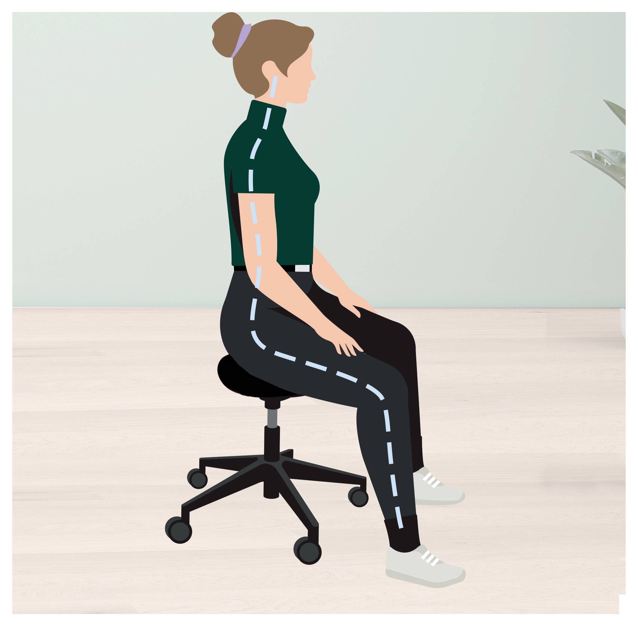 Eine Person, die aufrecht auf einem Bürostuhl sitzt und eine ergonomische Körperhaltung demonstriert, mit gepunkteten Linien, die die Wirbelsäulenausrichtung und Körperwinkel veranschaulichen.