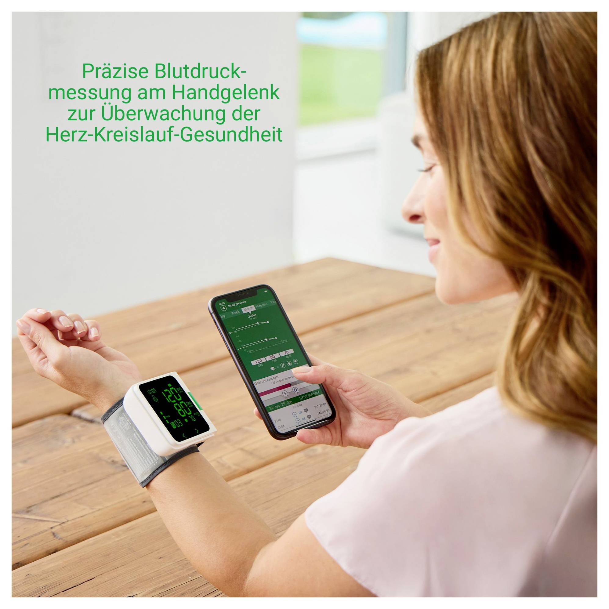 Präzise Blutdruckmessung am Handgelenk zur Überwachung der Herz-Kreislauf-Gesundheit.