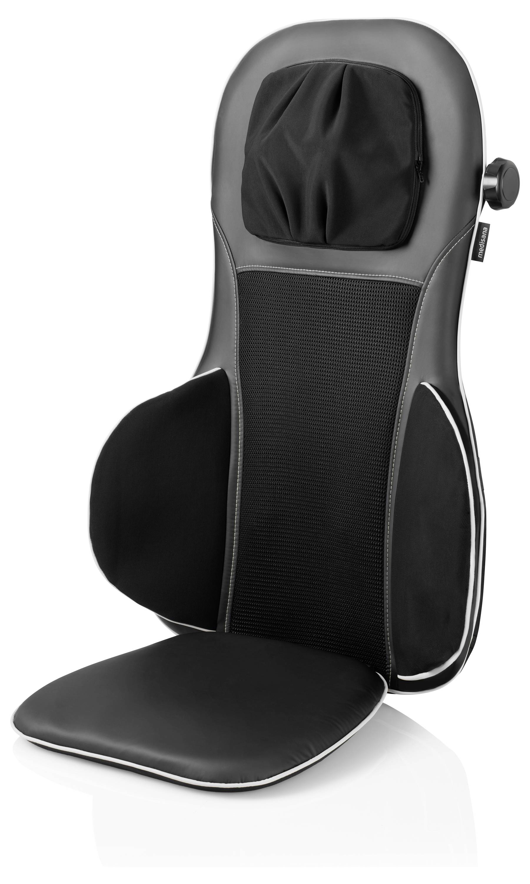 Massagesitzauflage mit verstellbarem Kopfstützkissen und seitlichen Polstern, entwickelt für zusätzlichen Komfort und Unterstützung.