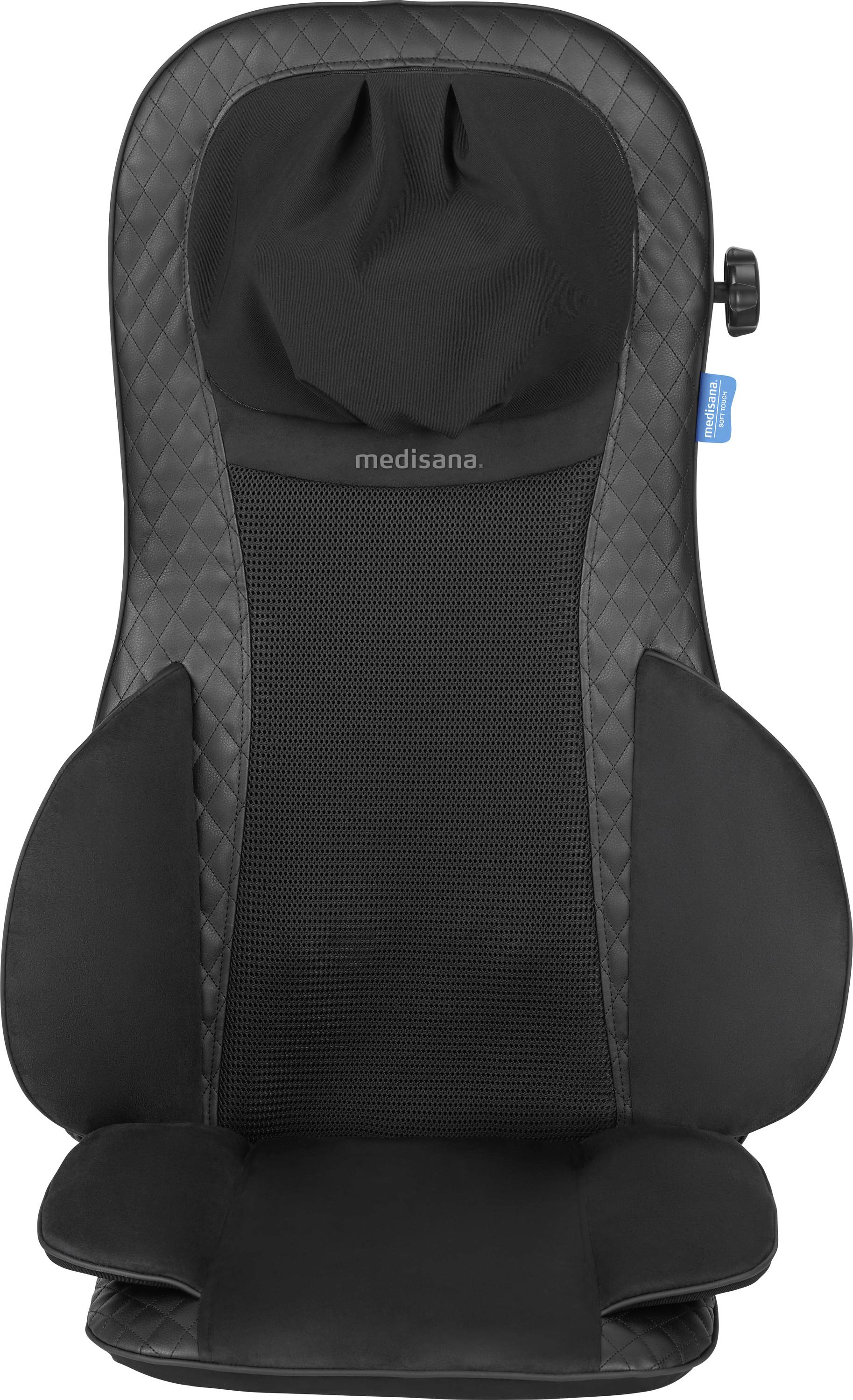 Schwarze Massagesitzauflage der Marke 'Medisana' mit strukturiertem Stoff und seitlichen Polstern für Komfort und Unterstützung.