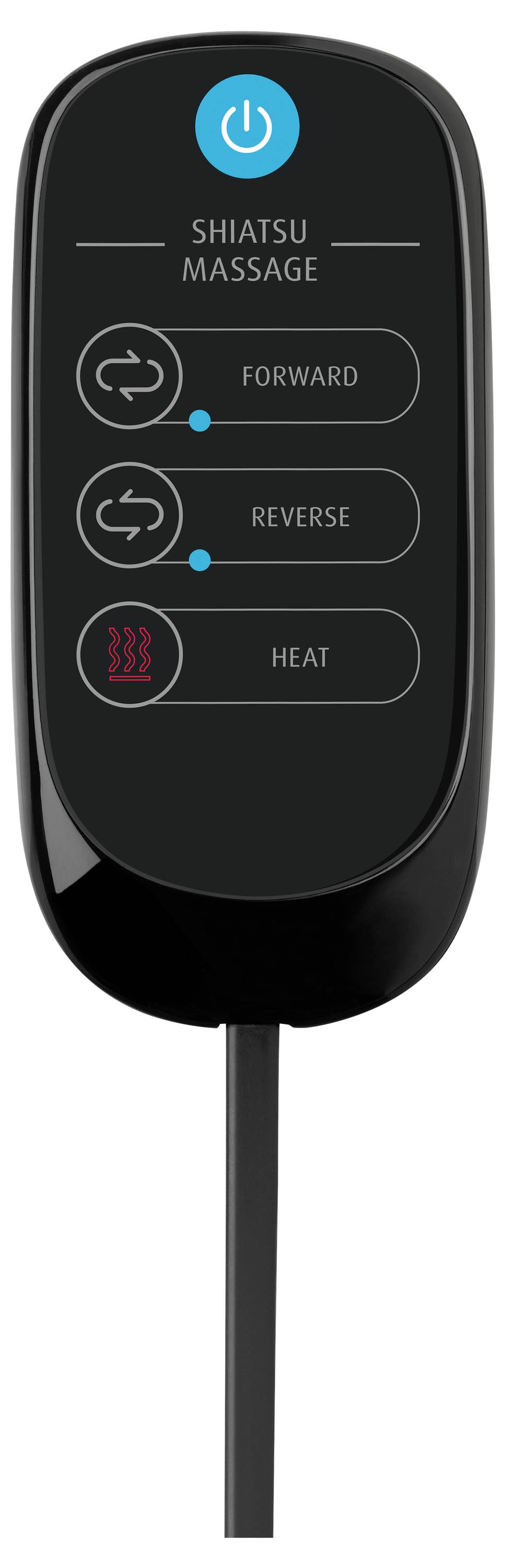 Eine schwarze Fernbedienung mit Tasten, die mit ‚Vorwärts', ‚Rückwärts' und ‚Wärme' beschriftet sind, zum Steuern eines Shiatsu-Massagegeräts.