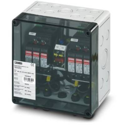 Eine transparente elektrische Verteilerdose mit verschiedenen Sicherungsautomaten, die mit Spezifikationen beschriftet sind, mit Leitungen, die unter jedem Sicherungsautomaten angeschlossen sind.