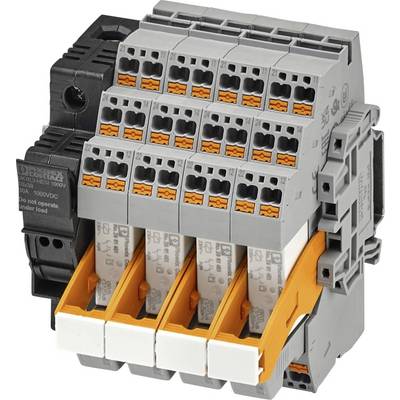 Elektrische Klemmenleiste mit mehreren Anschlusspunkten; graue und orangefarbene Komponenten sind für die Kabelorganisation sichtbar.